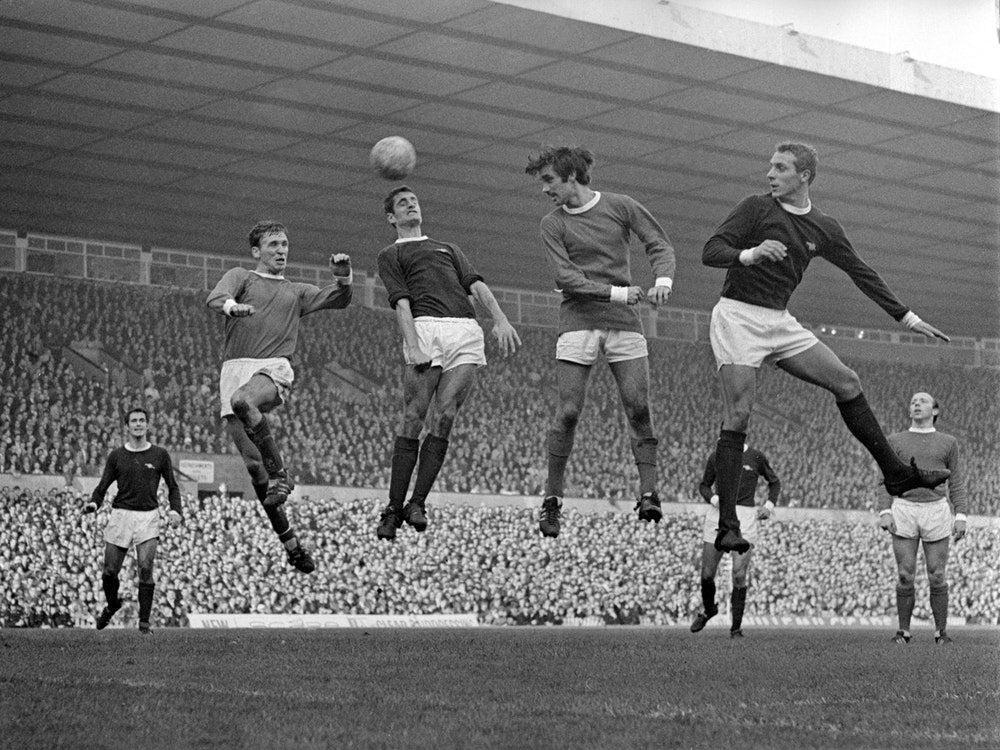 Pat Crerand, Frank Mclinktock, George Best And John Radford, Manchester United v Arsenal 1967 Art Print