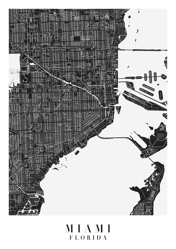 Miami Florida Minimal Black Mono Street Map  Art Print