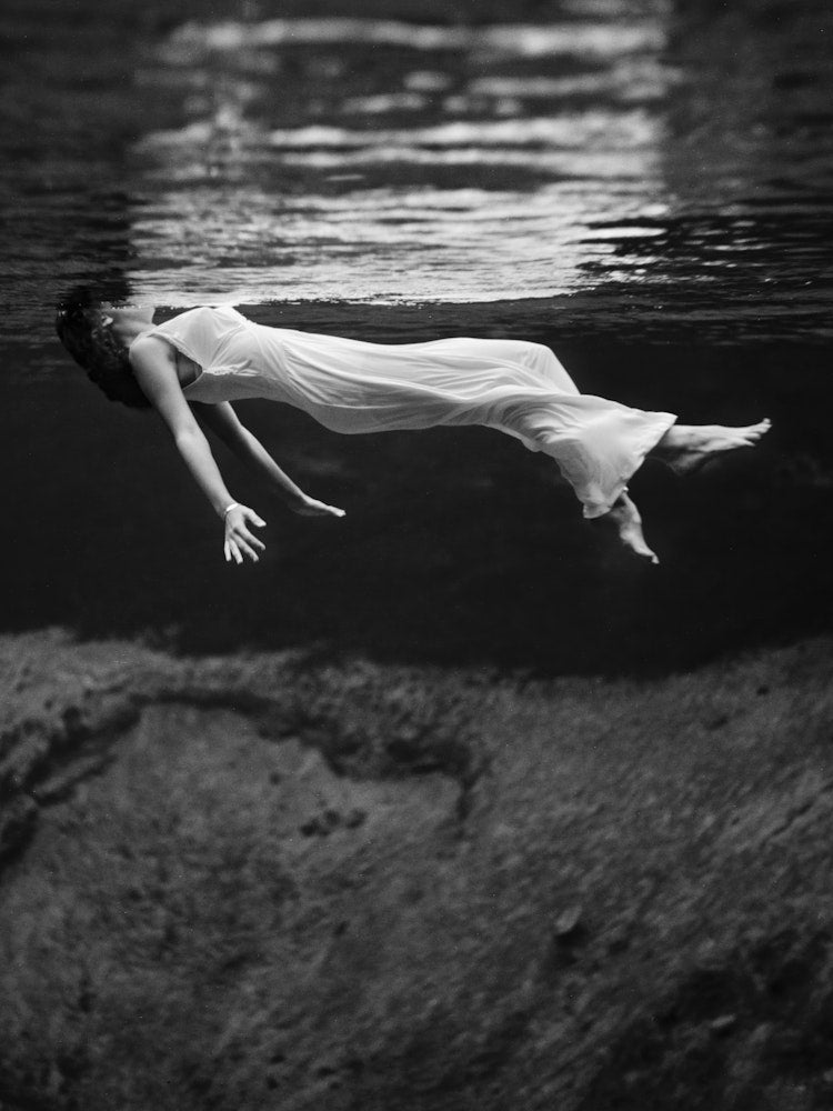 Woman In A White Dress Swimming Underwater, Vintage Black and White Old Photo Art Print