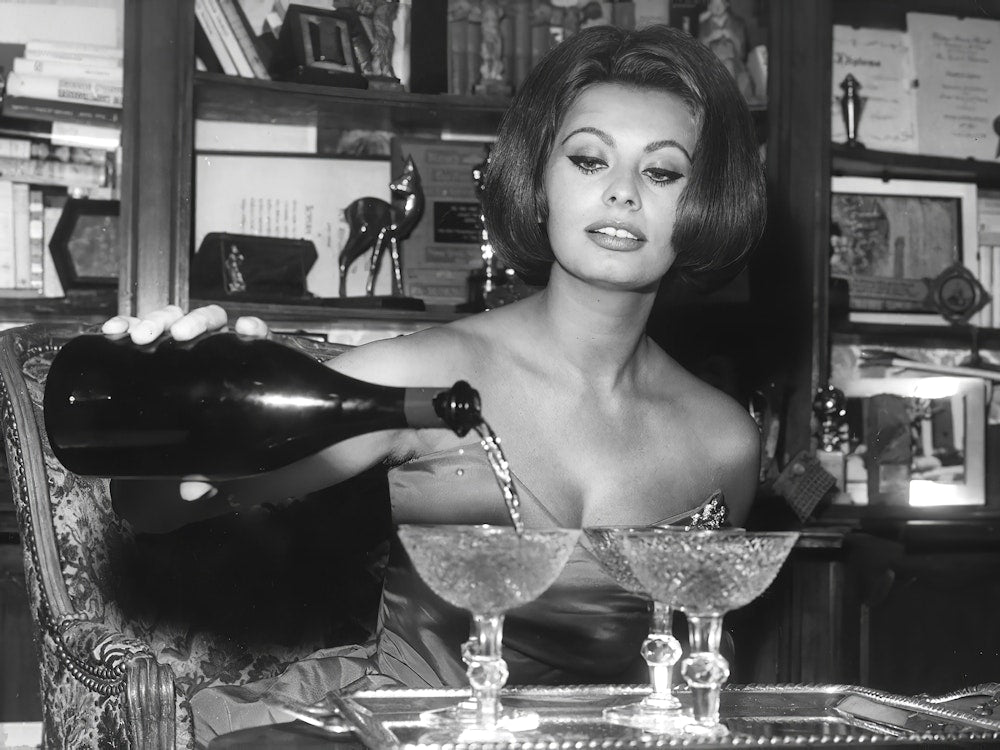 Sophia Pouring Champagne, Vintage Black and White Old Photo, Bar Cart Decor Art Print