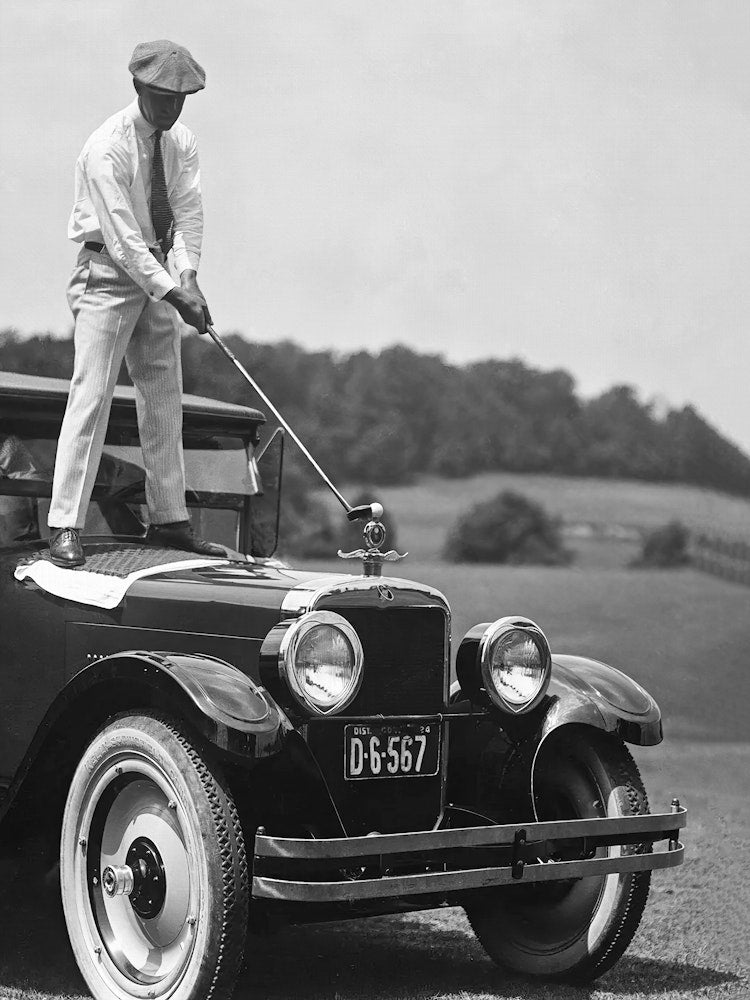 Man Playing Golf On Top Of Car, Funny Golf Art, Vintage Black and White Old Photo Art Print