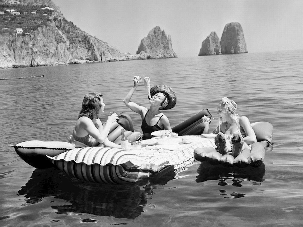 Eating Pasta on a Lake, Three Women On Raft, Funny Black and White Vintage Photo Art Print