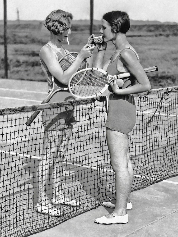 Two Women Playing Tennis Vintage Black and White Photo Art Print