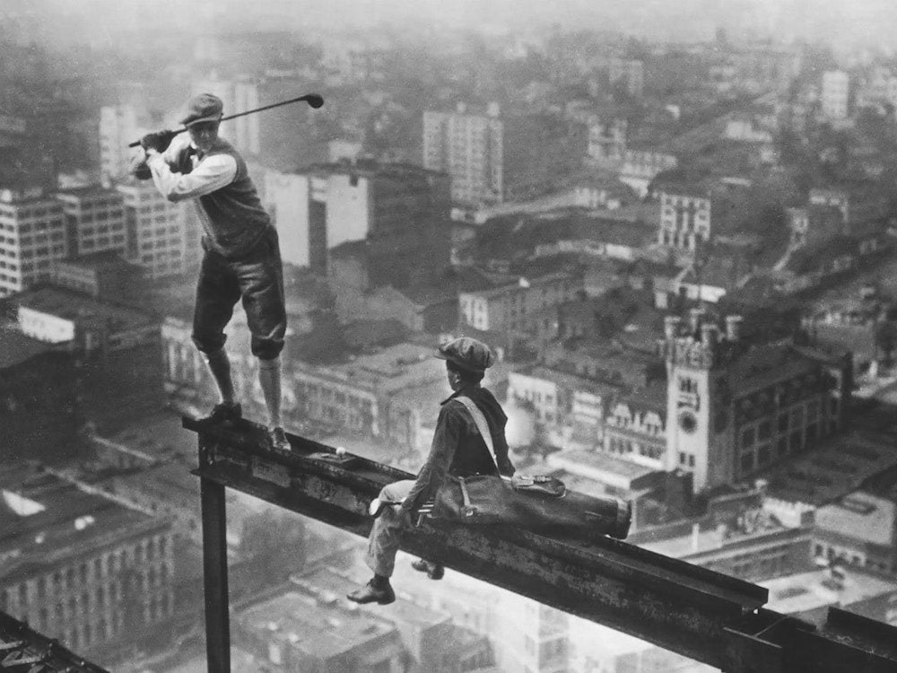 Golfers On Skyscraper Beam, Vintage Black and White, Old Photo Art Print