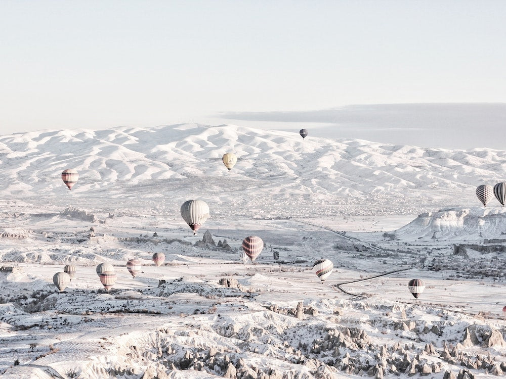 Hot Air Balloon Winter Landscape Art Print
