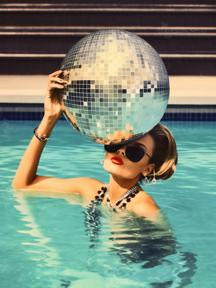 Disco Ball Woman in Pool, Preppy Aesthetic, Summer Art Print