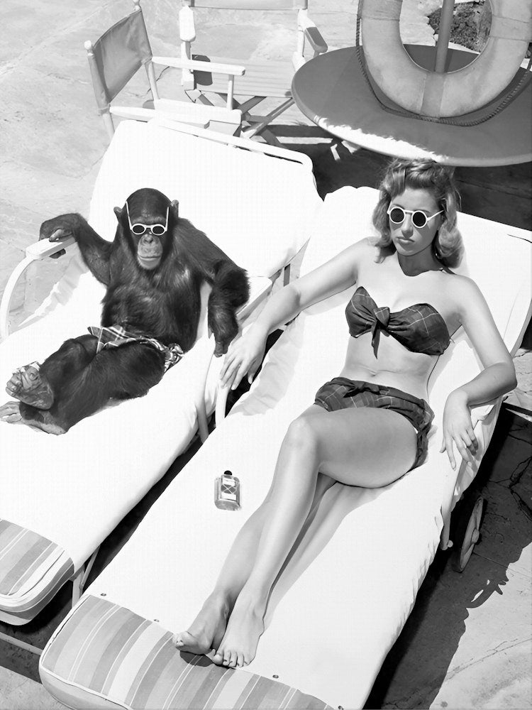 Chimpanzee And Woman Sunbathing, Vintage Black and White Old Photo Art Print