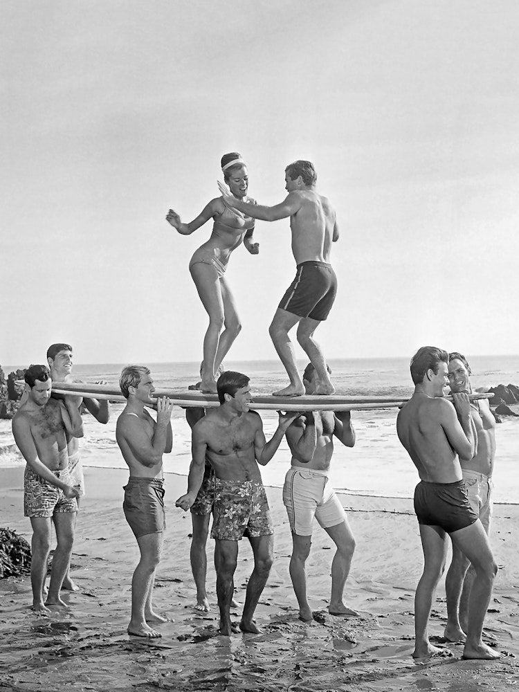 Dancing On Surfboard, Black and White Old Photo, Vintage Beach Art Print